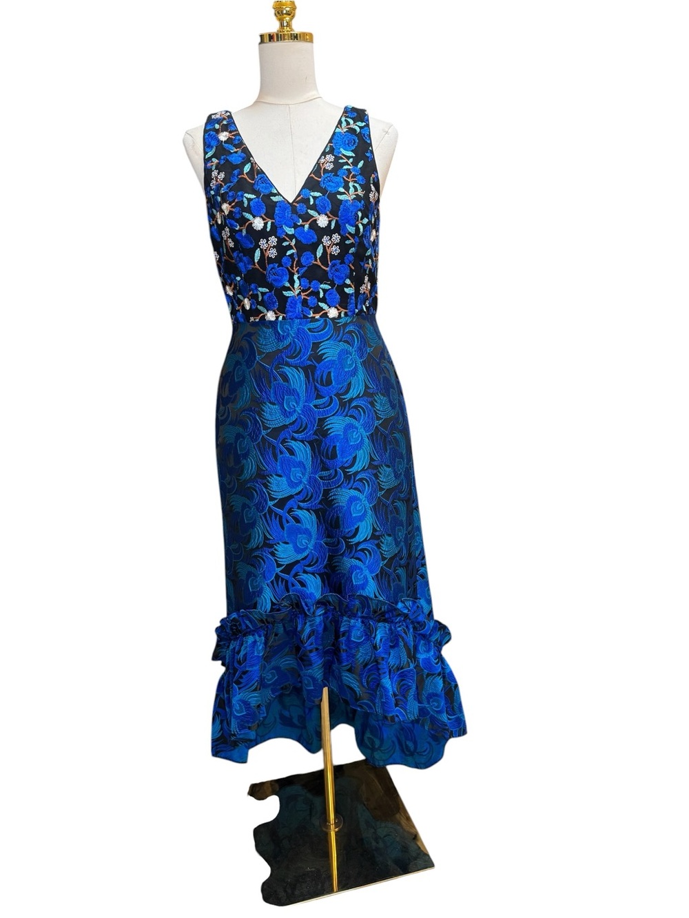 Belle Badgley Mischka Blue Embroidered High Low Jacquard Dress Size 6 - Picture 9 of 15